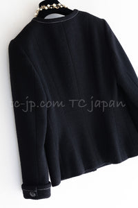 CHANEL 15A Black White Stitch Camellia Button Wool Tweed Jacket 34 シャネル ブラック ホワイト ステッチ カメリア ボタン ウール ツイード ジャケット 即発