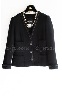 CHANEL 15A Black White Stitch Camellia Button Wool Tweed Jacket 42 シャネル ブラック ホワイト ステッチ カメリア ボタン ウール ツイード ジャケット 即発