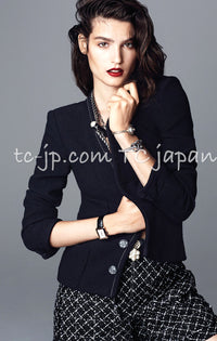 CHANEL 15A Black White Stitch Camellia Button Wool Tweed Jacket 34 シャネル ブラック ホワイト ステッチ カメリア ボタン ウール ツイード ジャケット 即発