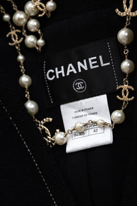 CHANEL 15A Black White Stitch Camellia Button Wool Tweed Jacket 34 シャネル ブラック ホワイト ステッチ カメリア ボタン ウール ツイード ジャケット 即発