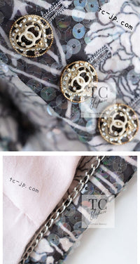 CHANEL 09C Gray Pale Pink Sequins Camellia Pattern Jacket 34 シャネル グレー ペール ピンク スパンコール カメリア柄 ジャケット 即発