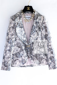 CHANEL 09C Gray Pale Pink Sequins Camellia Pattern Jacket 34 シャネル グレー ペール ピンク スパンコール カメリア柄 ジャケット 即発
