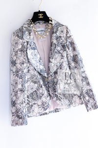 CHANEL 09C Gray Pale Pink Sequins Camellia Pattern Jacket 34 シャネル グレー ペール ピンク スパンコール カメリア柄 ジャケット 即発