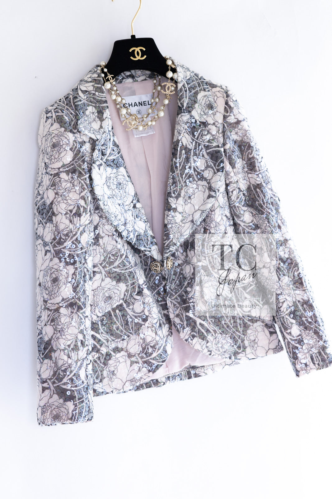 CHANEL 09C Gray Pale Pink Sequins Camellia Pattern Jacket 34 シャネル グレー ペール ピンク スパンコール カメリア柄 ジャケット 即発