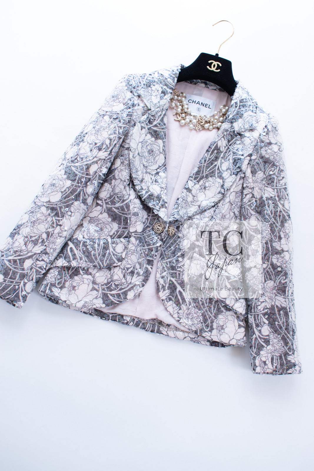 CHANEL 09C Gray Pale Pink Sequins Camellia Pattern Jacket 34 シャネル グレー ペール ピンク スパンコール カメリア柄 ジャケット 即発
