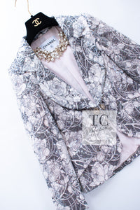 CHANEL 09C Gray Pale Pink Sequins Camellia Pattern Jacket 34 シャネル グレー ペール ピンク スパンコール カメリア柄 ジャケット 即発