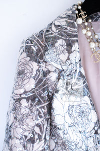 CHANEL 09C Gray Pale Pink Sequins Camellia Pattern Jacket 34 シャネル グレー ペール ピンク スパンコール カメリア柄 ジャケット 即発