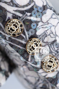 CHANEL 09C Gray Pale Pink Sequins Camellia Pattern Jacket 34 シャネル グレー ペール ピンク スパンコール カメリア柄 ジャケット 即発