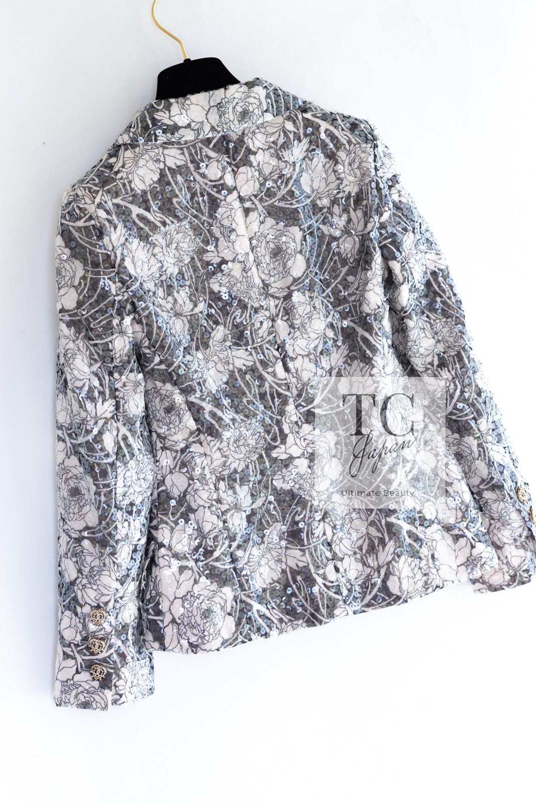 CHANEL 09C Gray Pale Pink Sequins Camellia Pattern Jacket 34 シャネル グレー ペール ピンク スパンコール カメリア柄 ジャケット 即発