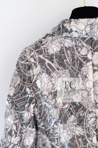 CHANEL 09C Gray Pale Pink Sequins Camellia Pattern Jacket 34 シャネル グレー ペール ピンク スパンコール カメリア柄 ジャケット 即発