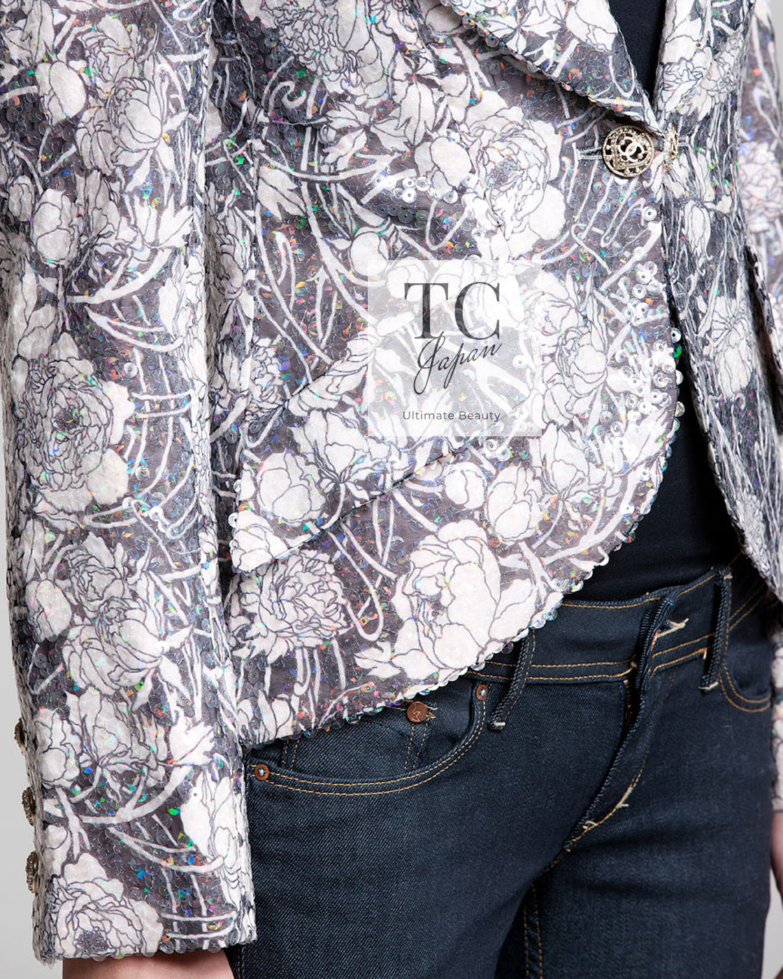 CHANEL 09C Gray Pale Pink Sequins Camellia Pattern Jacket 34 シャネル グレー ペール ピンク スパンコール カメリア柄 ジャケット 即発