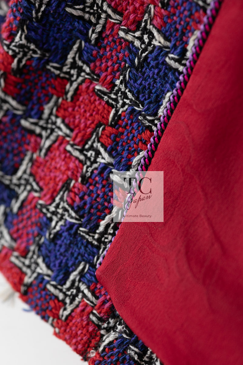 CHANEL 15S Red Pink Blue Short Sleeve Silk Cotton Jacket Coat 36 38 シャネル レッド ピンク ブルー シルク コットン ツイード ジャケット コート 即発
