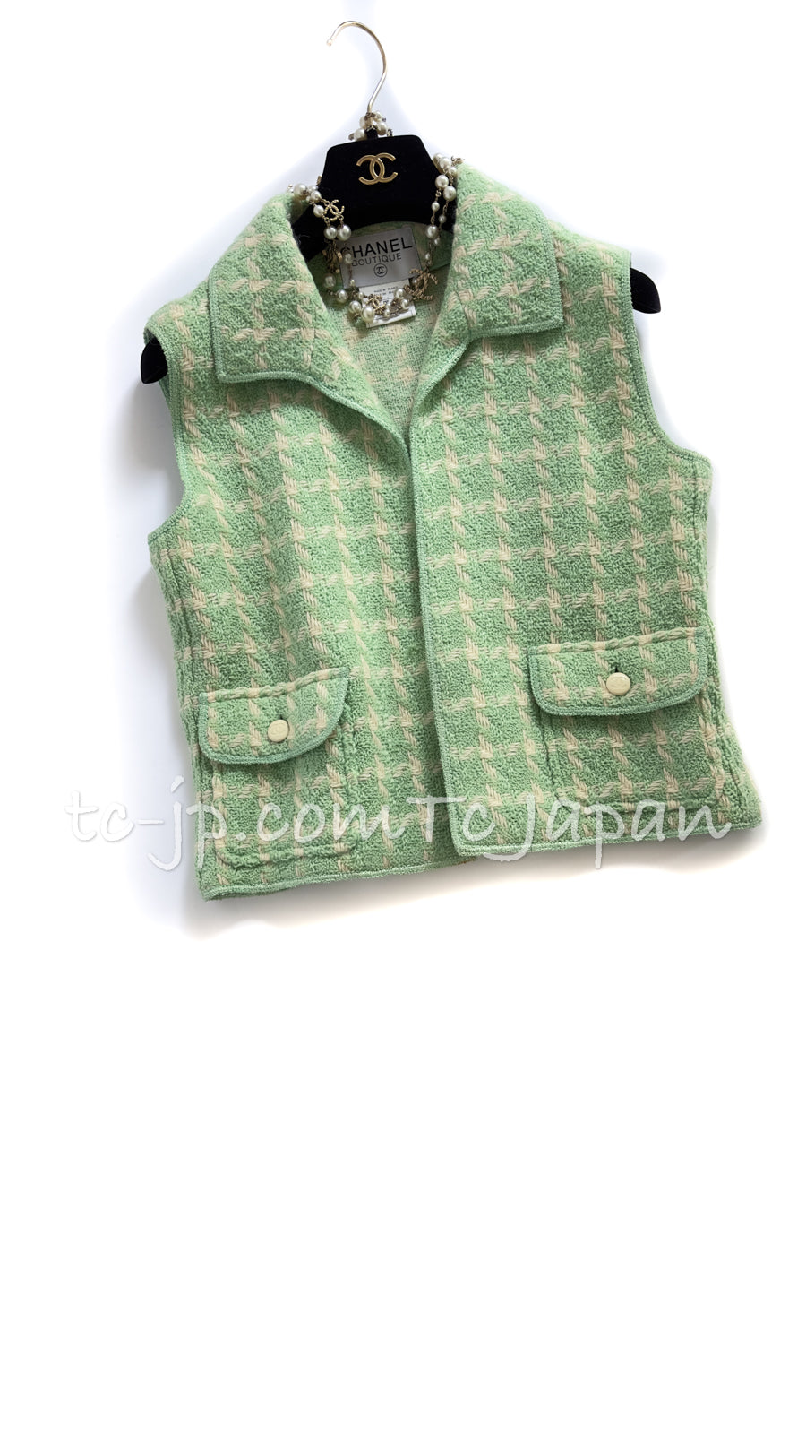CHANEL 96S Vintage Green Ivory Wool Vest Jacket 38 40 シャネル ヴィンテージ グリーン アイボリー スーパーモデル ウール ベスト ジャケット 即発