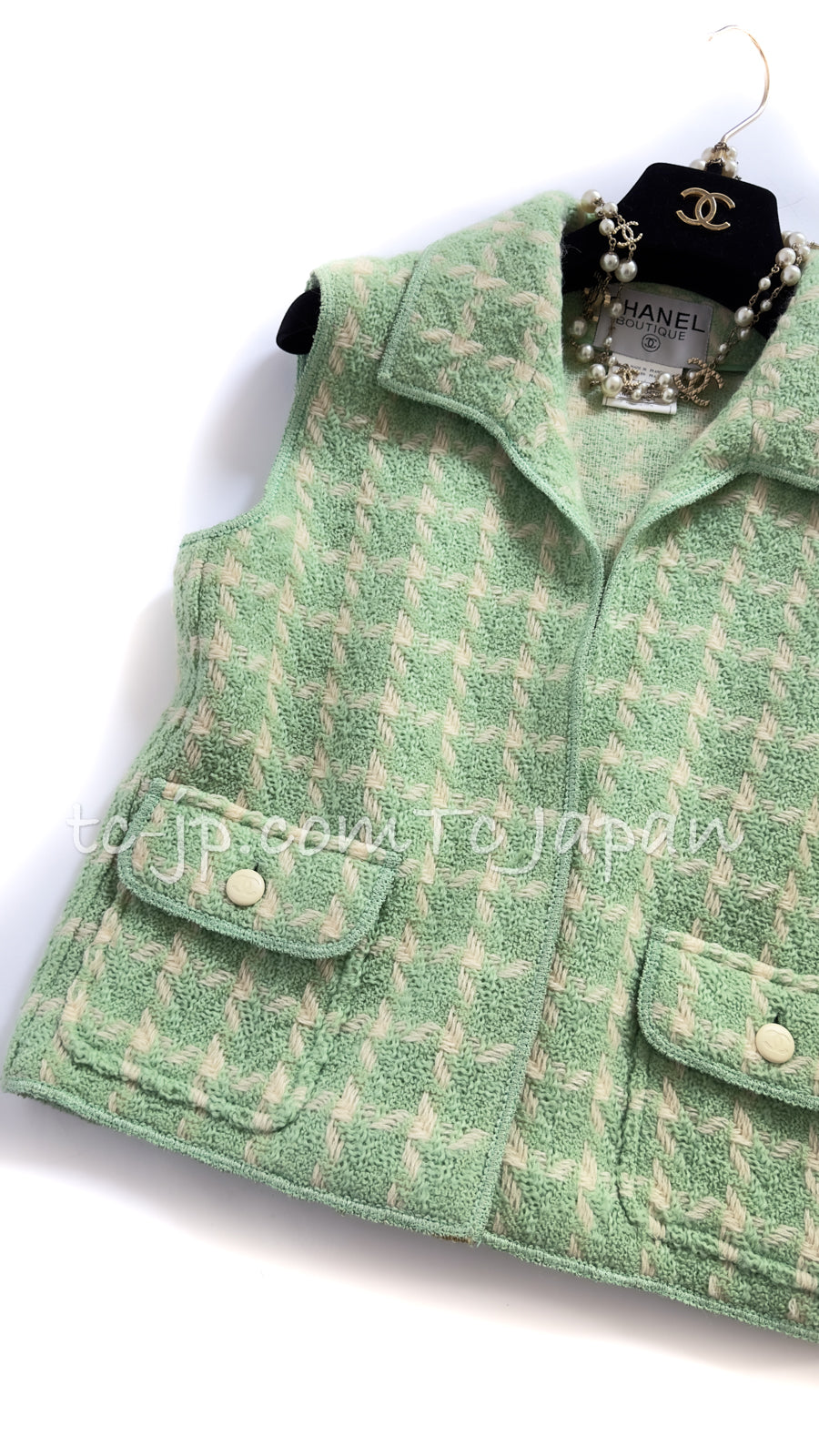 CHANEL 96S Vintage Green Ivory Wool Vest Jacket 38 40 シャネル ヴィンテージ グリーン アイボリー スーパーモデル ウール ベスト ジャケット 即発