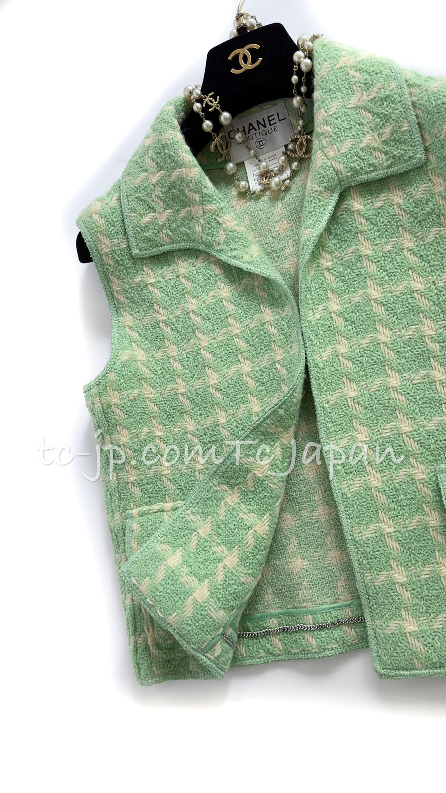 CHANEL 96S Vintage Green Ivory Wool Vest Jacket 38 40 シャネル ヴィンテージ グリーン アイボリー スーパーモデル ウール ベスト ジャケット 即発