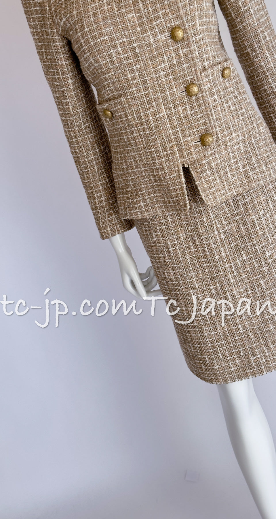 CHANEL 15S Beige Ecru Ivory Cotton Tweed Jacket Skirt Suit 34 36 38 シャネル ベージュ アイボリー コットン ツイード ジャケット スカート スーツ 即発