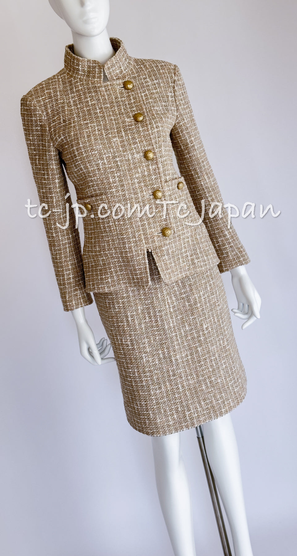 CHANEL 15S Beige Ecru Ivory Cotton Tweed Jacket Skirt Suit 34 36 38 シャネル ベージュ アイボリー コットン ツイード ジャケット スカート スーツ 即発