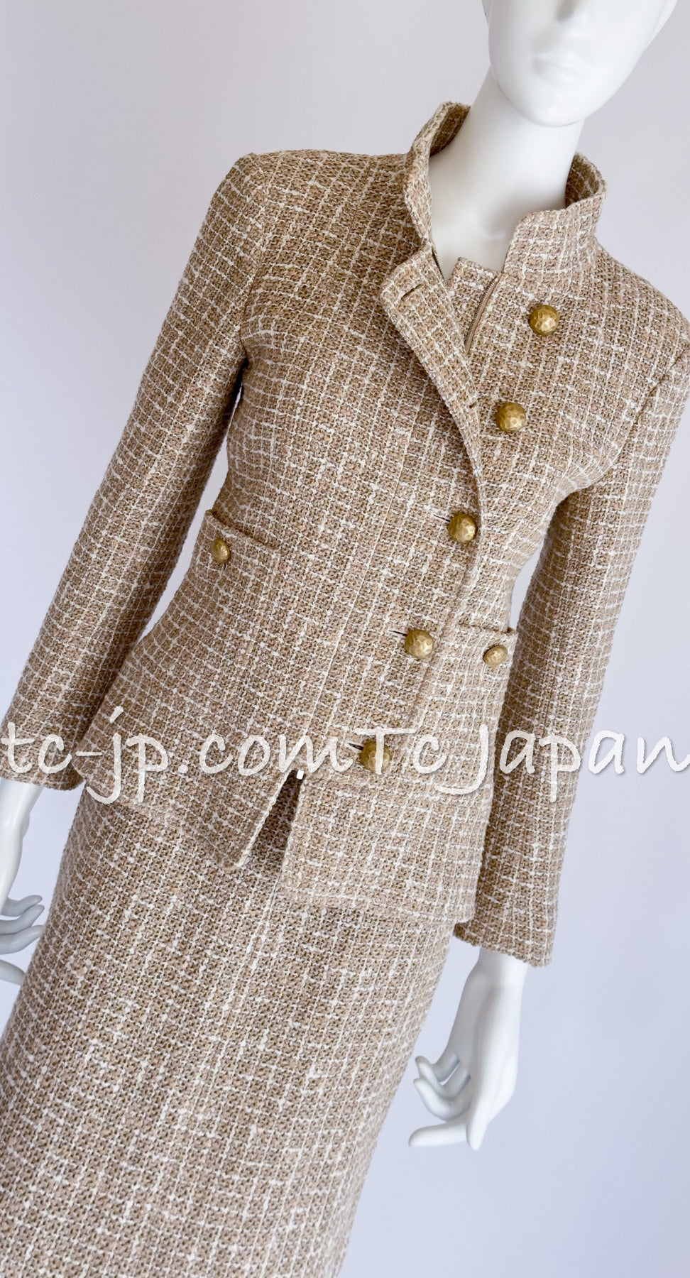 CHANEL 15S Beige Ecru Ivory Cotton Tweed Jacket Skirt Suit 34 36 38 シャネル ベージュ アイボリー コットン ツイード ジャケット スカート スーツ 即発