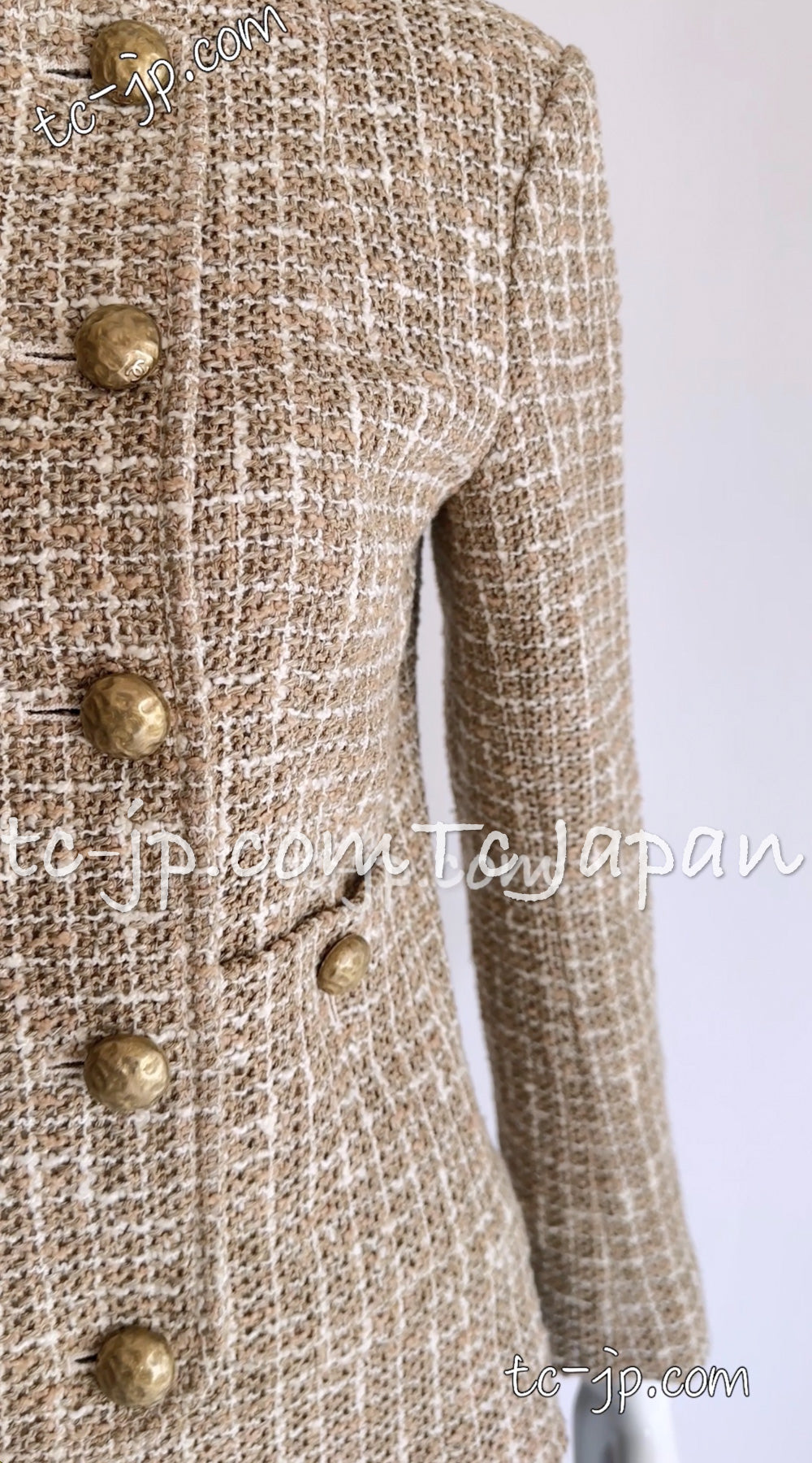 CHANEL 15S Beige Ecru Ivory Cotton Tweed Jacket Skirt Suit 34 36 38 シャネル ベージュ アイボリー コットン ツイード ジャケット スカート スーツ 即発