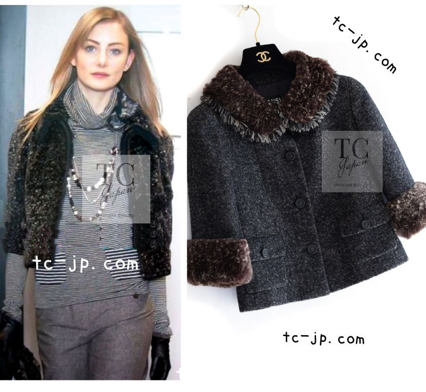 CHANEL 05A Charcoal Gray Brown Rabbit Real Fur Wool Tweed Jacket 34 シャネル チャコール グレー ブラウン ラビット ラパン リアル ファー ウール ツイード ジャケット 即発