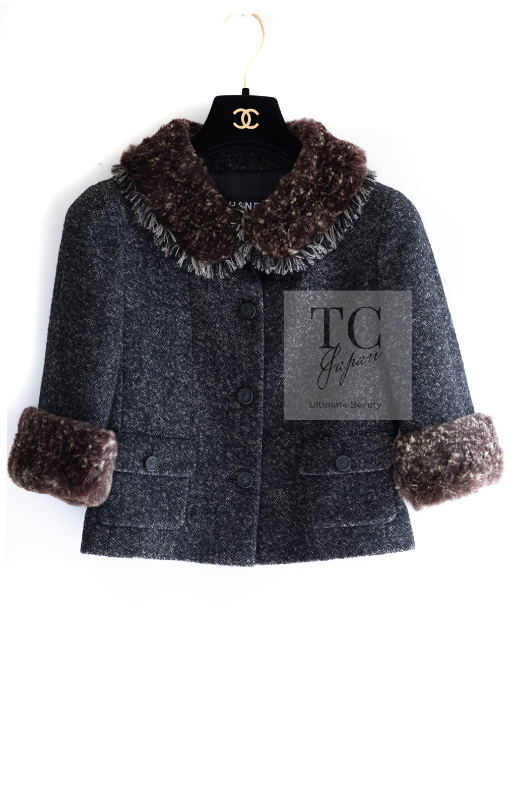 CHANEL 05A Charcoal Gray Brown Rabbit Real Fur Wool Tweed Jacket 34 シャネル チャコール グレー ブラウン ラビット ラパン リアル ファー ウール ツイード ジャケット 即発