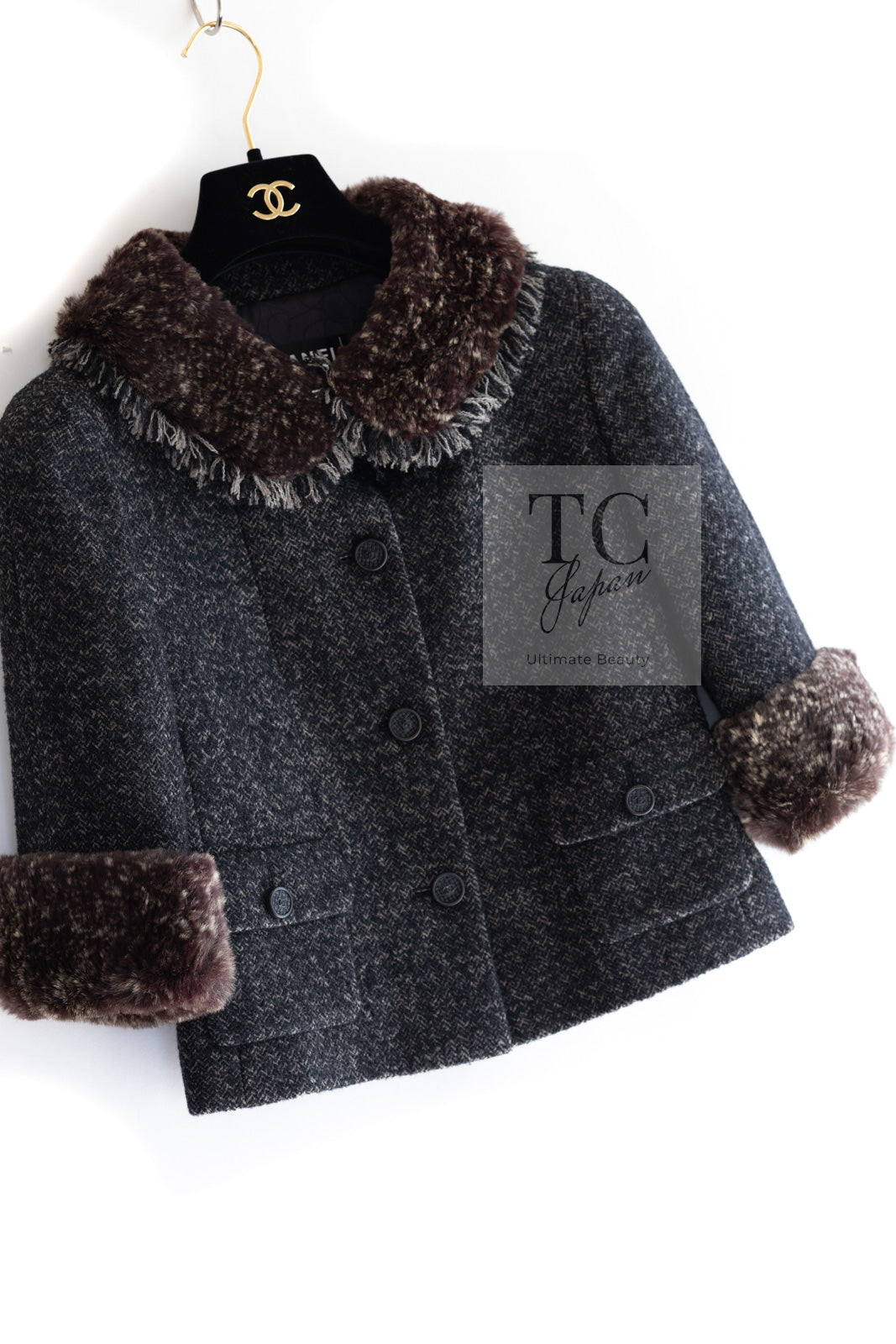 CHANEL 05A Charcoal Gray Brown Rabbit Real Fur Wool Tweed Jacket 34 シャネル チャコール グレー ブラウン ラビット ラパン リアル ファー ウール ツイード ジャケット 即発