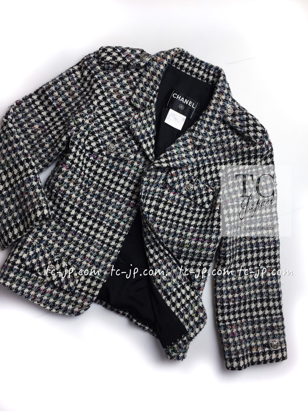CHANEL 06C Ivory Black Multicolor Epaulets Zipper Wool Cotton Tweed Jacket 36 シャネル アイボリー ブラック マルチカラー ジッパー ウール コットン ツイード ジャケット 即発