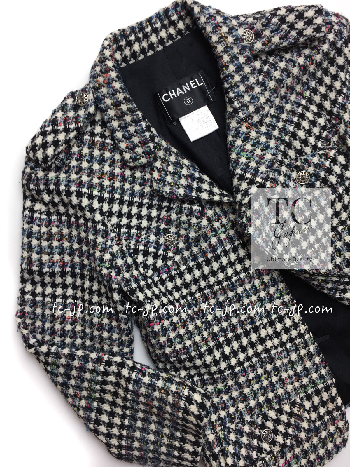 CHANEL 06C Ivory Black Multicolor Epaulets Zipper Wool Cotton Tweed Jacket 36 シャネル アイボリー ブラック マルチカラー ジッパー ウール コットン ツイード ジャケット 即発