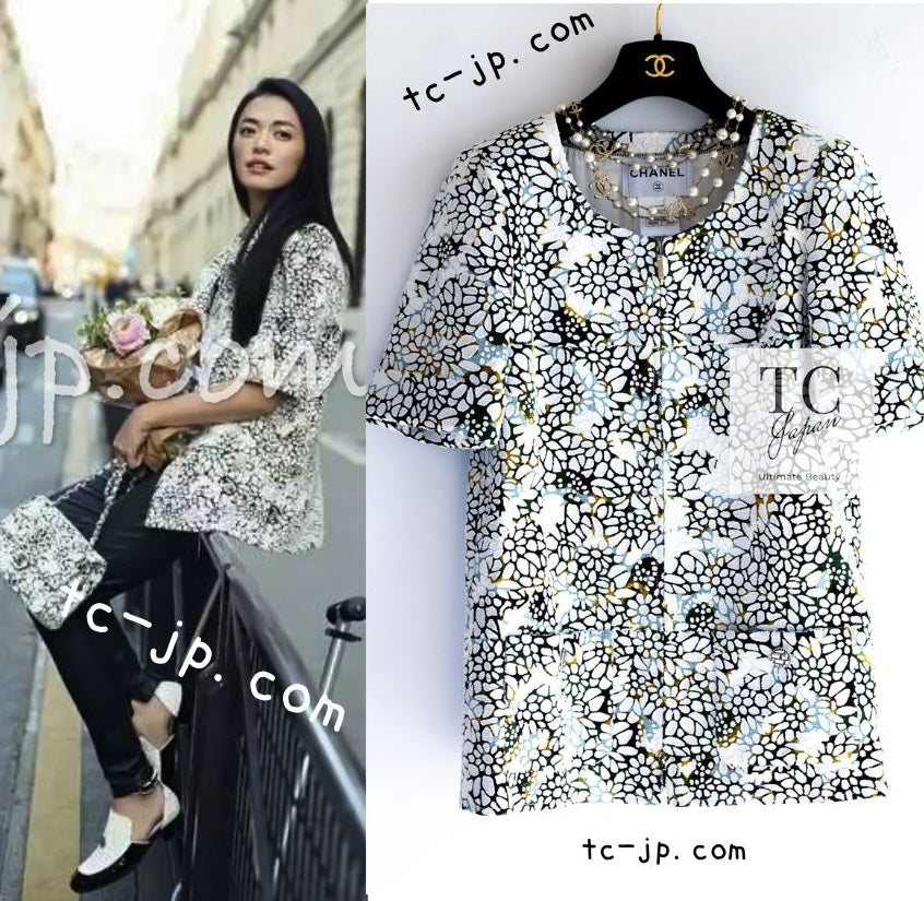 CHANEL 15S White Floral Pattern Short Sleeve Zipper Jacket 38 シャネル ホワイト フローラル 花柄 カメリア ジッパー ジャケット 即発