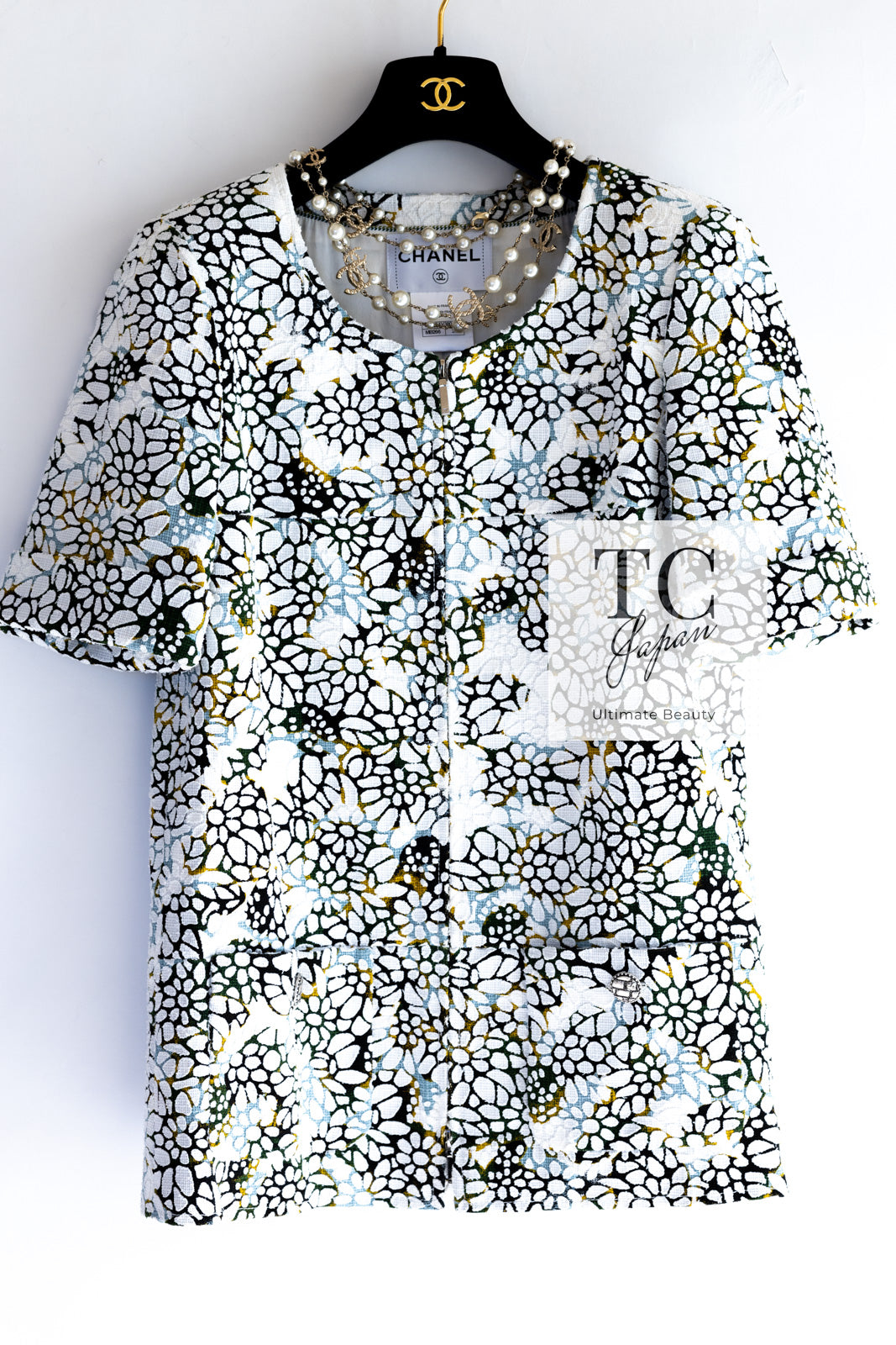 CHANEL 15S White Floral Pattern Short Sleeve Zipper Jacket 38 シャネル ホワイト フローラル 花柄 カメリア ジッパー ジャケット 即発