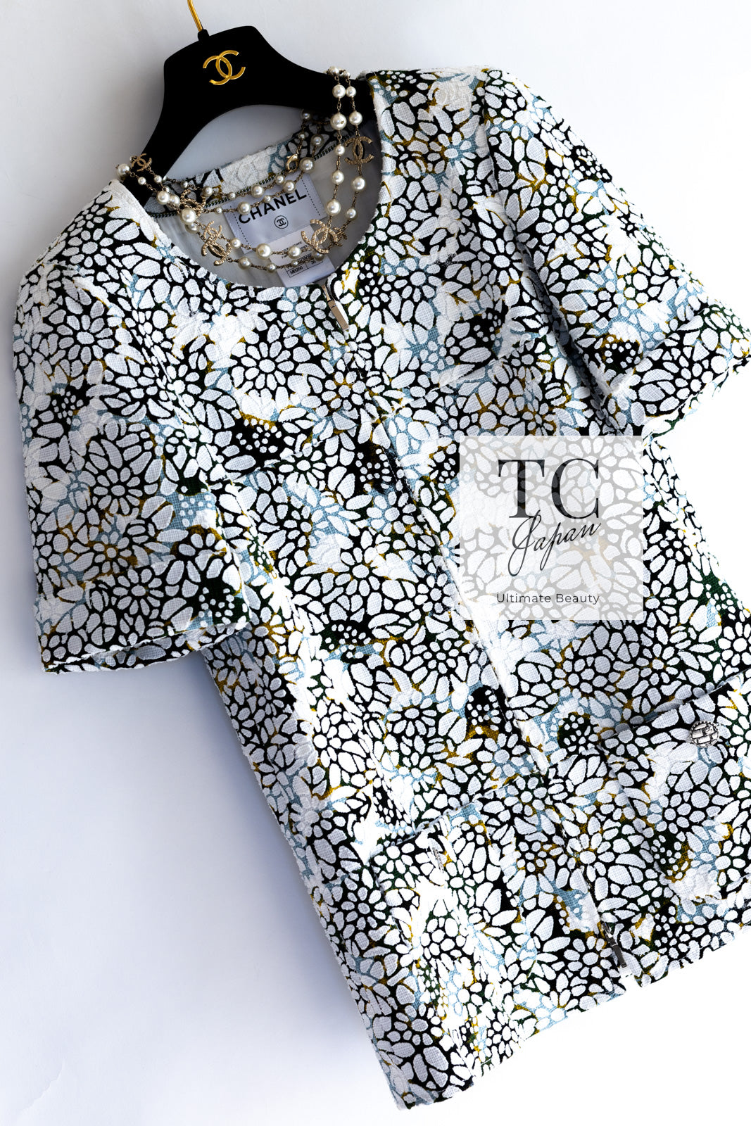 CHANEL 15S White Floral Pattern Short Sleeve Zipper Jacket 38 シャネル ホワイト フローラル 花柄 カメリア ジッパー ジャケット 即発