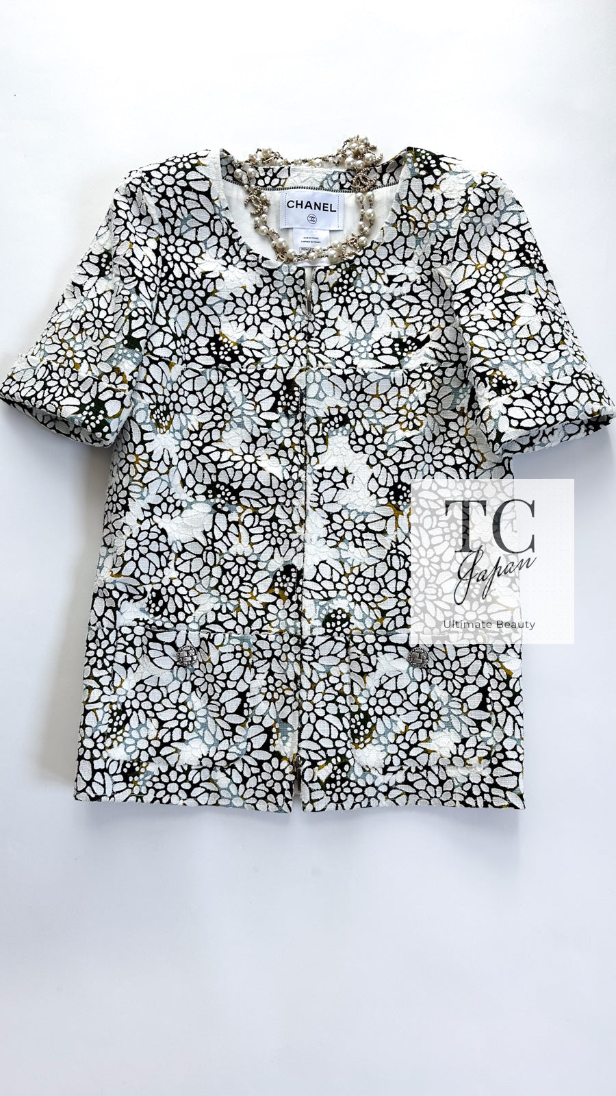 CHANEL 15S White Floral Pattern Short Sleeve Zipper Jacket 38 シャネル ホワイト フローラル 花柄 カメリア ジッパー ジャケット 即発