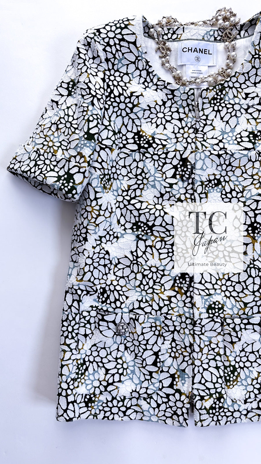 CHANEL 15S White Floral Pattern Short Sleeve Zipper Jacket 38 シャネル ホワイト フローラル 花柄 カメリア ジッパー ジャケット 即発