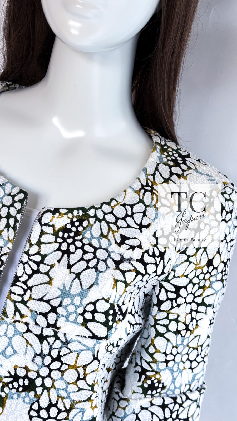 CHANEL 15S White Floral Pattern Short Sleeve Zipper Jacket 38 シャネル ホワイト フローラル 花柄 カメリア ジッパー ジャケット 即発