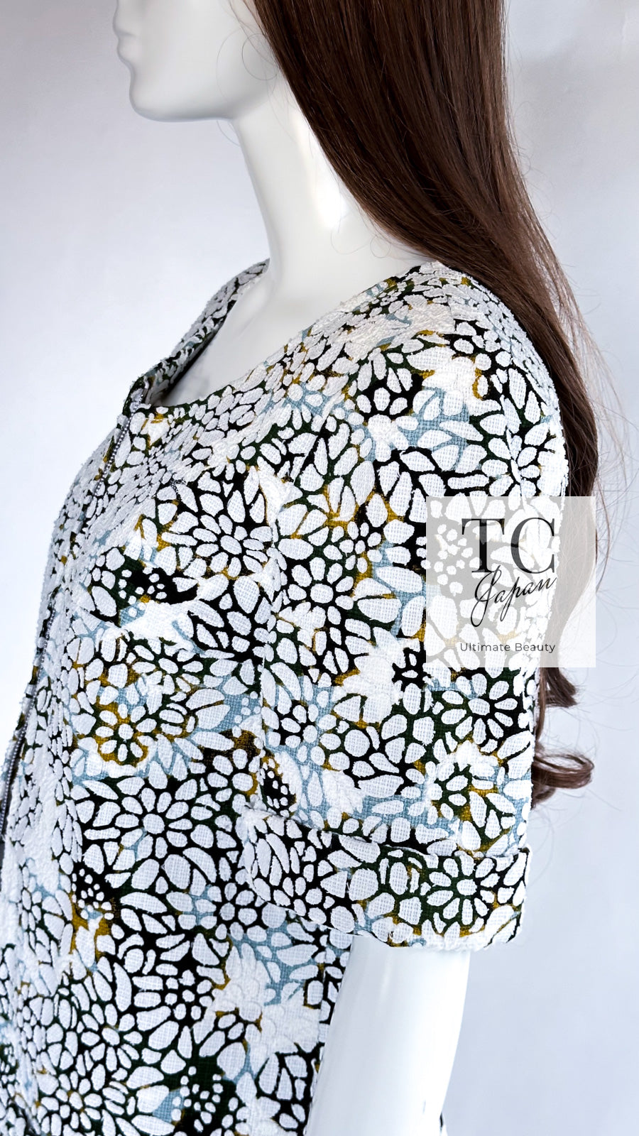 CHANEL 15S White Floral Pattern Short Sleeve Zipper Jacket 38 シャネル ホワイト フローラル 花柄 カメリア ジッパー ジャケット 即発