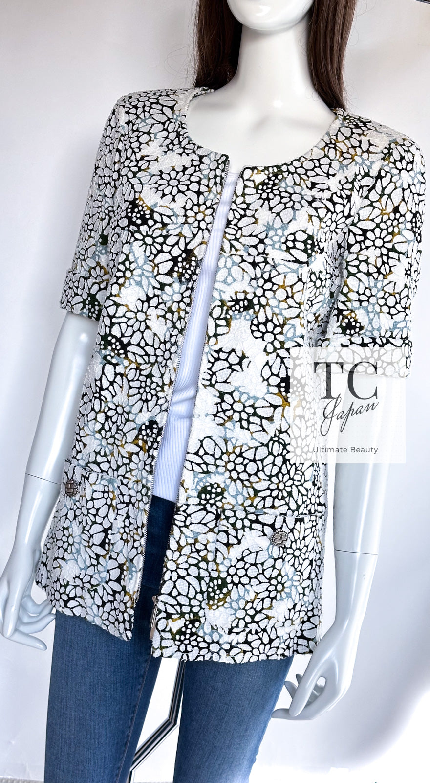 CHANEL 15S White Floral Pattern Short Sleeve Zipper Jacket 38 シャネル ホワイト フローラル 花柄 カメリア ジッパー ジャケット 即発