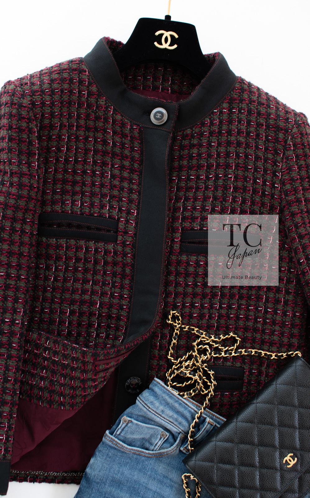 CHANEL 15A Wine Red Trim Wool Cotton Tweed Jacket 34 シャネル ワイン レッド ボルドー トリム ウール コットン ツイード  ジャケット 即発