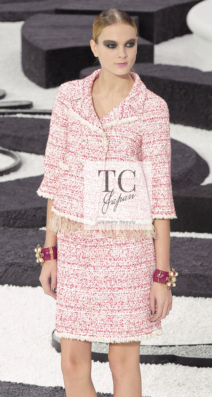 シャネル ジャケット CHANEL レッド ホワイト フリンジ トリム  