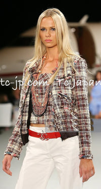 CHANEL 08C Beige Maroon Red Multicolor Tweed Skirt 36 シャネル ベージュ マルーン レッド マルチカラー キャンペーン広告作品 ツイード スカート 即発