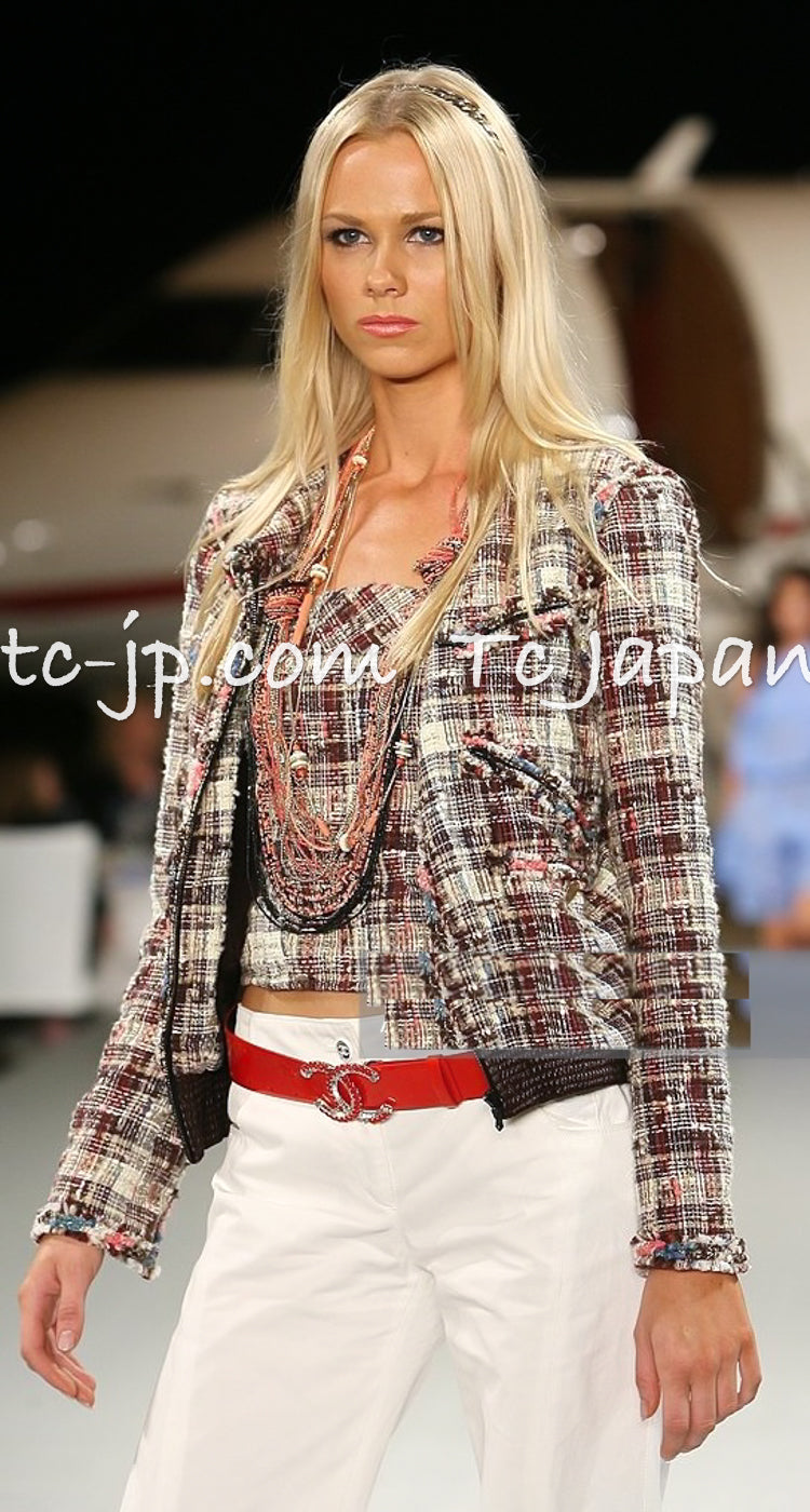 CHANEL 08C Beige Maroon Red Multicolor Tweed Skirt 36 シャネル ベージュ マルーン レッド マルチカラー キャンペーン広告作品 ツイード スカート 即発