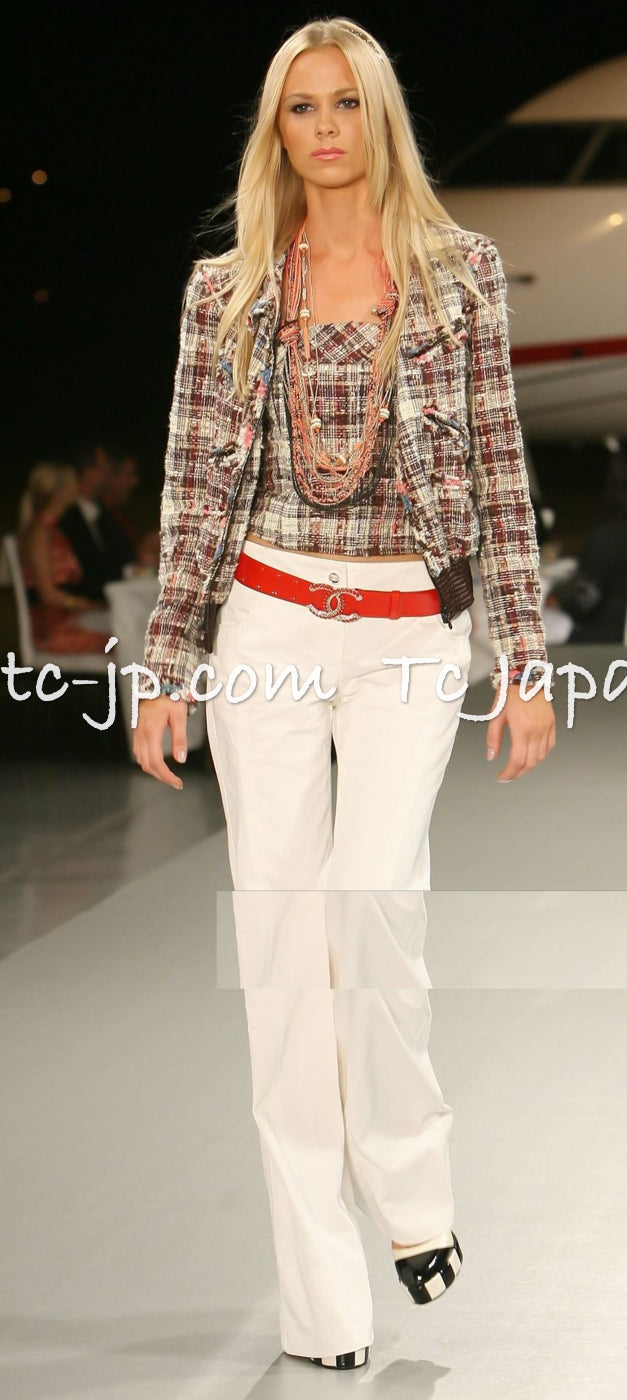 CHANEL 08C Beige Maroon Red Multicolor Tweed Skirt 36 シャネル ベージュ マルーン レッド マルチカラー キャンペーン広告作品 ツイード スカート 即発