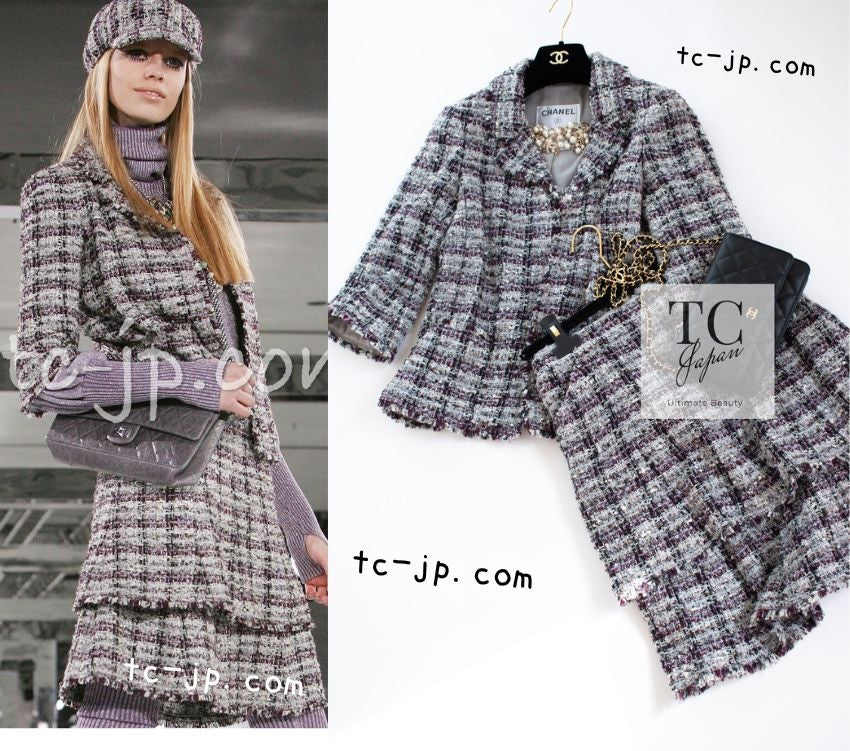 CHANEL 05A Gray Purple Tweed Jacket Skirt Suit 40 シャネル グレー パープル ツイード ジャケット スカート スーツ 即発