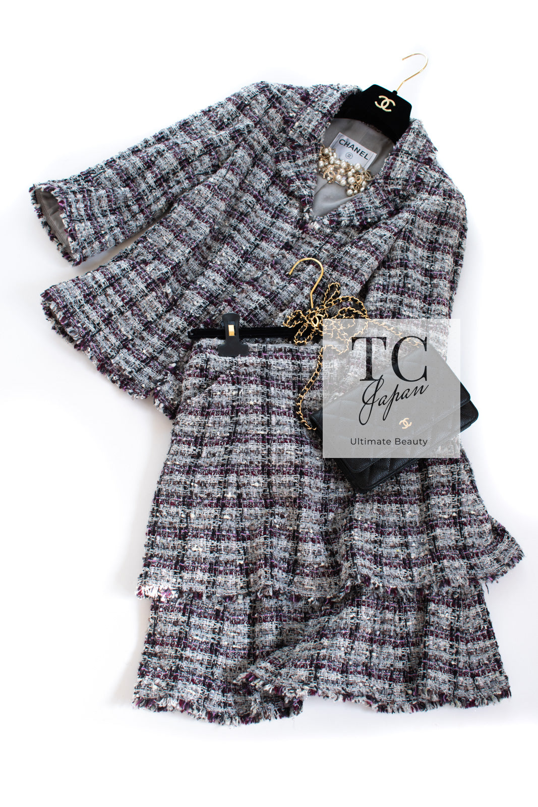 CHANEL 05A Gray Purple Tweed Jacket Skirt Suit 40 シャネル グレー パープル ツイード ジャケット スカート スーツ 即発
