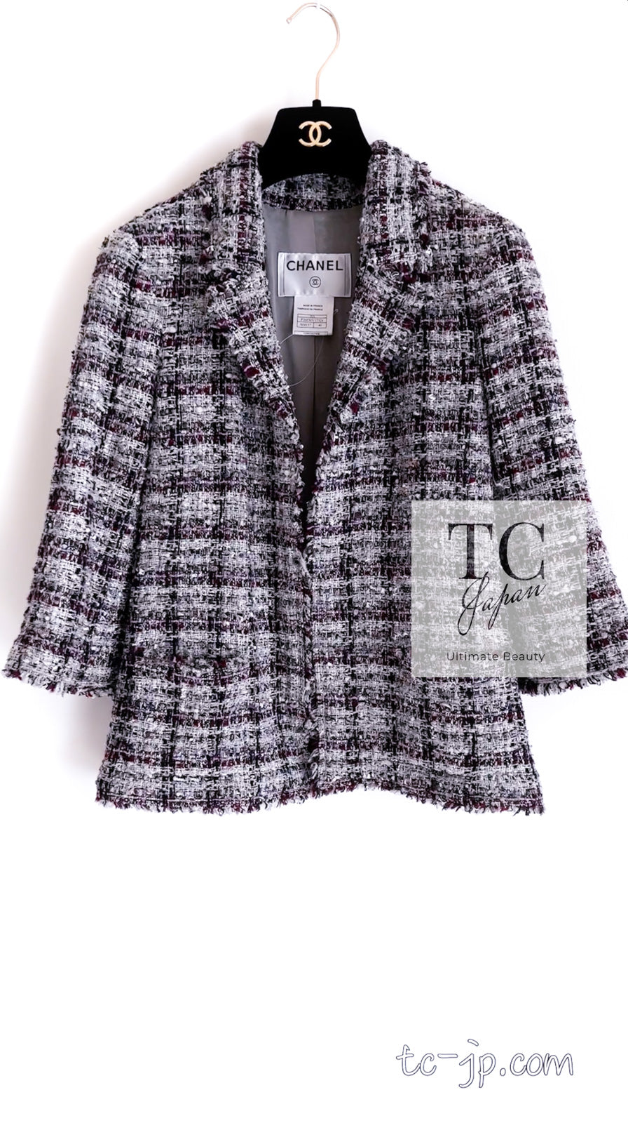 CHANEL 05A Gray Purple Tweed Jacket Skirt Suit 40 シャネル グレー パープル ツイード ジャケット スカート スーツ 即発
