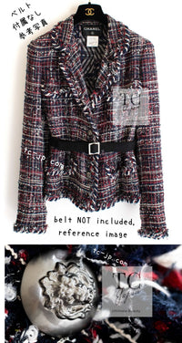 CHANEL 08A Red Navy Cotton Silk Lesage Tweed Jacket Skirt Suit 36 38 シャネル レッド ネイビー コットン シルク ルサージュ ツイード ジャケット スカート スーツ 即発