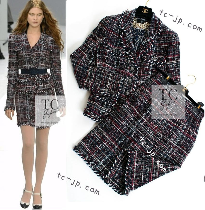 CHANEL 08A Red Navy Cotton Silk Lesage Tweed Jacket Skirt Suit 36 38 シャネル レッド ネイビー コットン シルク ルサージュ ツイード ジャケット スカート スーツ 即発