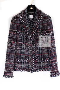 CHANEL 08A Red Navy Cotton Silk Lesage Tweed Jacket Skirt Suit 36 38 シャネル レッド ネイビー コットン シルク ルサージュ ツイード ジャケット スカート スーツ 即発
