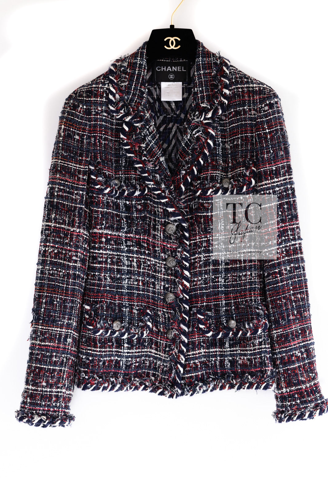 CHANEL 08A Red Navy Cotton Silk Lesage Tweed Jacket Skirt Suit 36 38 シャネル レッド ネイビー コットン シルク ルサージュ ツイード ジャケット スカート スーツ 即発