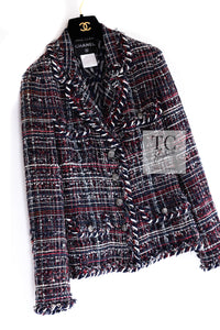 CHANEL 08A Red Navy Cotton Silk Lesage Tweed Jacket Skirt Suit 36 38 シャネル レッド ネイビー コットン シルク ルサージュ ツイード ジャケット スカート スーツ 即発