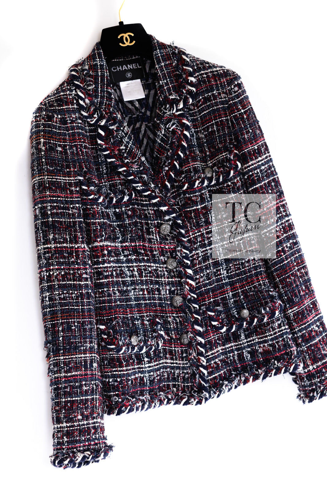 CHANEL 08A Red Navy Cotton Silk Lesage Tweed Jacket Skirt Suit 36 38 シャネル レッド ネイビー コットン シルク ルサージュ ツイード ジャケット スカート スーツ 即発